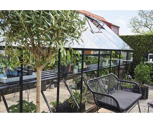 Serre avec plantes et coin salon dans le jardin.