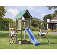 Spielturm mit Rutsche, Schaukel und Klettergerüst im Garten