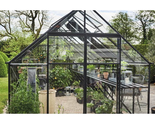 Gewächshaus mit Pflanzen und Gartenmöbeln im Aussenbereich