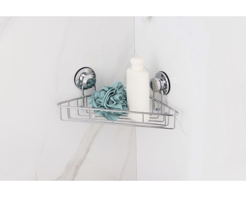 Eckregal zur Duschaufbewahrung mit Saugnäpfen, Badeschwamm und Duschgelflasche