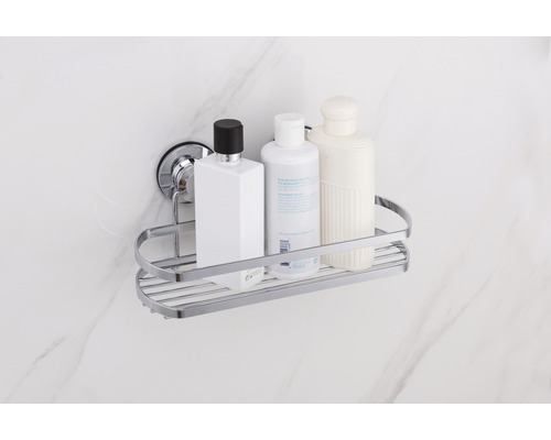 Eckregal mit Saugnapfbefestigung im Badezimmer mit Shampoo Flaschen