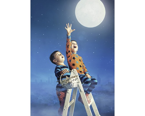 Zwei Kinder auf einer Leiter versuchen, den Mond zu erreichen, mit Sternen im Hintergrund