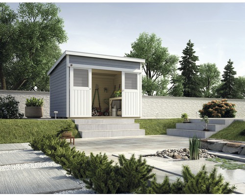 Chalet de jardin en madriers weka Lugano avec plancher 315 x 280 cm gris-blanc Abri de jardin avec outils de jardin à l''extérieur