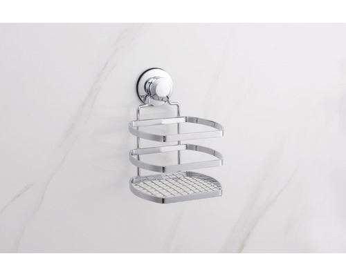 Étagère d''angle pour douche avec trois étagères et fixation à ventouse
