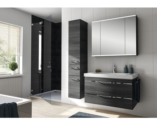 Badezimmer mit Waschtisch, Spiegelschrank, Hochschrank und Dusche