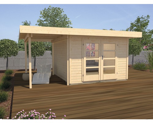 Abri de jardin weka Designhaus 126 A+ Taille 1 grande hauteur de passage 195 cm, avec plancher et toit en appentis 500 x 314 cm naturel