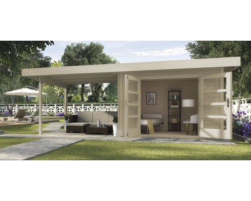 Abri de jardin weka Designhaus 126 B+ Taille 1 grande hauteur de passage 195 cm, avec plancher et toit en appentis 645 x 314 cm naturel