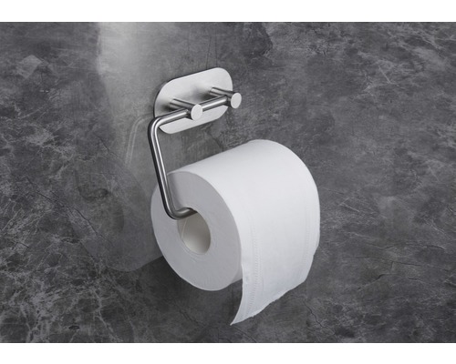 Toilettenpapierhalter aus Edelstahl mit einer Rolle Toilettenpapier.