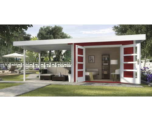 Abri de jardin weka Designhaus 126 B+ Taille 1 grande hauteur de passage 195 cm, avec plancher et toit en appentis 645 x 314 cm rouge