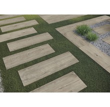 Chemin de jardin en carrelage aspect bois sur gazon