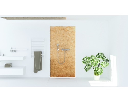 Salle de bain moderne avec douche, lavabo, sèche-serviettes et plante