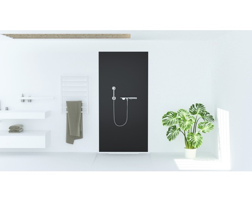 Salle de bain avec douche, lavabo, sèche-serviettes et plante pour une ambiance lumineuse et organisée