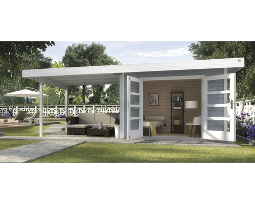 Abri de jardin weka Designhaus 126 B+ Taille 1 grande hauteur de passage 195 cm, avec plancher et toit en appentis 645 x 314 cm gris