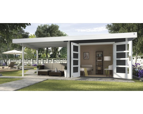 Abri de jardin weka Designhaus 126 B+ Taille 1 grande hauteur de passage 195 cm, avec plancher et toit en appentis 645 x 314 cm anthracite