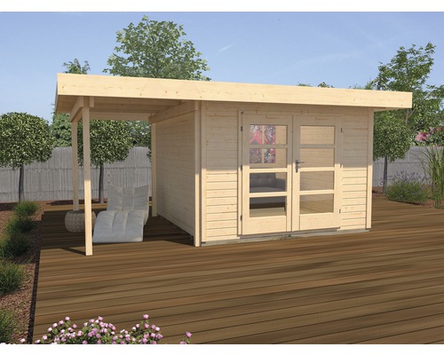 Abri de jardin weka Designhaus 126 A+ Taille 2 grande hauteur de passage 195 cm, avec plancher et toit en appentis 500 x 375 cm naturel