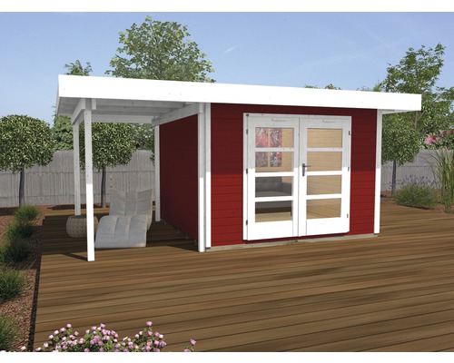 Gartenhaus weka Designhaus 126 A+ Gr. 2 hohes Durchgangsmass 195 cm, mit Fussboden und Schleppdach 442 x 300 cm rot