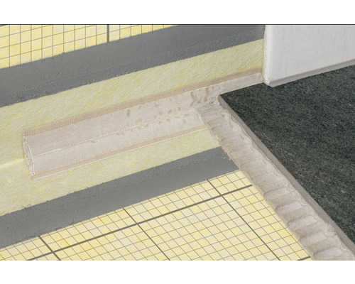 Detailansicht vom Aufbau eines Badezimmers mit Fliesen, Dämmung und Dichtband