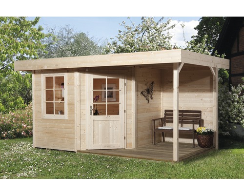 Gartenhaus weka Designhaus 213 A+ Gr. 1 hohes Durchgangsmass 195 cm, mit Fussboden und Schleppdach 385 x 238 cm natur