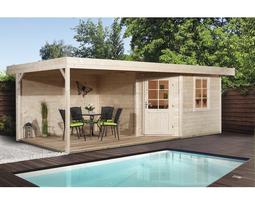 Abri de jardin weka Designhaus 213 B+ taille 1 passage libre haut 195 cm, avec plancher et toit en appentis 585 x 298 cm naturel