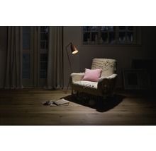 Wohnzimmer mit Sessel, Stehlampe und Holzboden