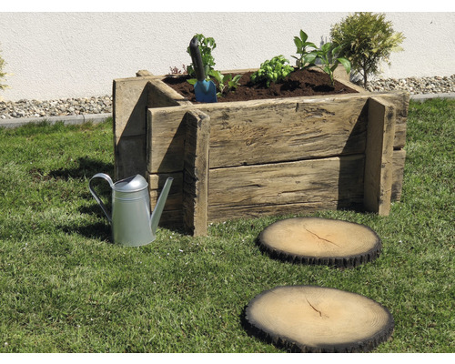 Hochbeet aus Holz mit Pflanzen, Gießkanne und Baumstammscheiben auf Rasen