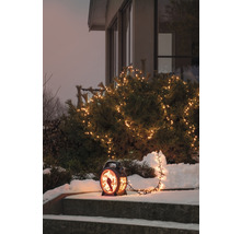 Conifère décoré avec guirlande lumineuse et lanterne sur un escalier dans la neige.