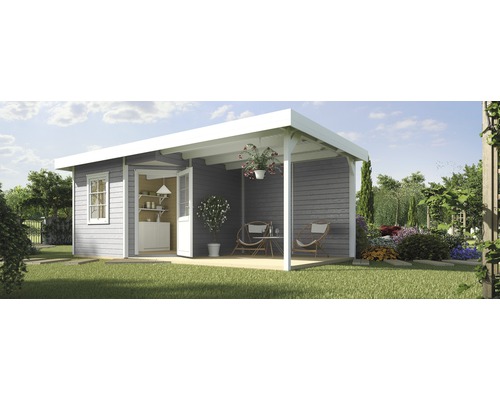 Gartenhaus weka Designhaus 213 B+ Gr. 1 hohes Durchgangsmass 195 cm, mit Fussboden und Schleppdach 585 x 298 cm grau