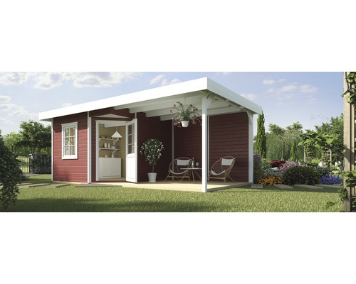 Gartenhaus weka Designhaus 213 B+ Gr. 2 hohes Durchgangsmass 195 cm, mit Fussboden und Schleppdach 645 x 358 cm rot