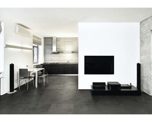 Salon moderne avec carrelage, coin repas et coin cuisine