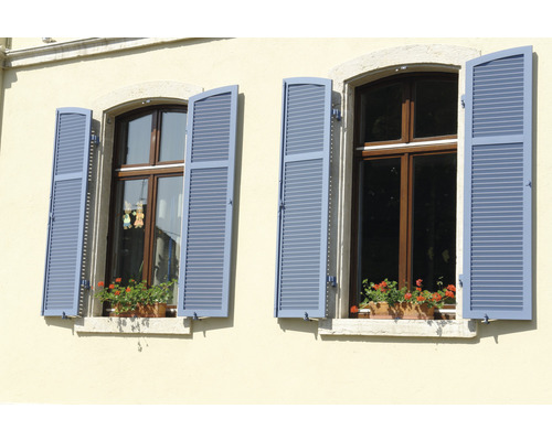 Deux fenêtres avec volets ouverts et jardinières