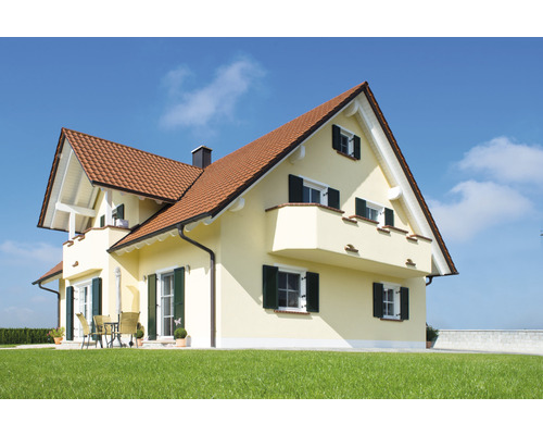 Maison individuelle avec toit à deux pans, volets et pelouse
