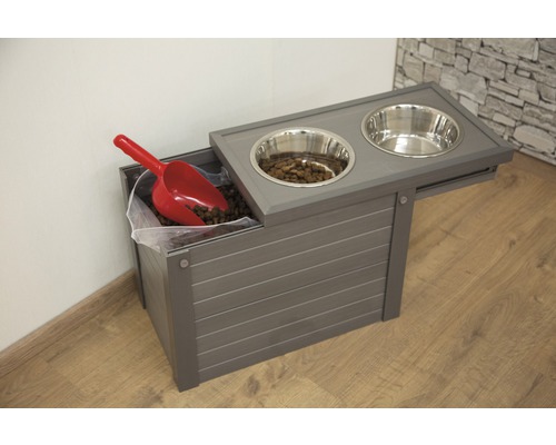 Bar à nourriture pour animaux de compagnie avec gamelles en acier inoxydable, pelle à nourriture et récipient de stockage