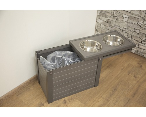 Bar à nourriture avec deux gamelles en acier inoxydable et espace de rangement pour aliments pour animaux