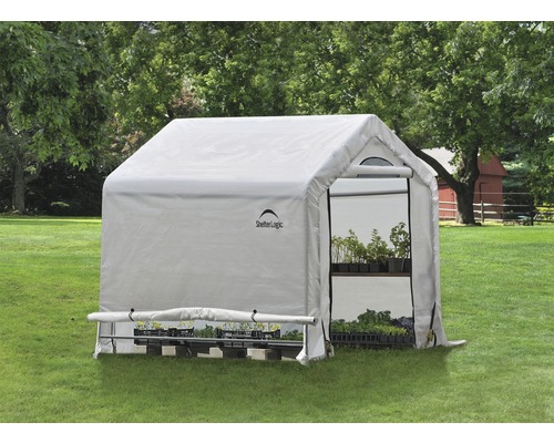 Gewächshaus mit Regalen und Pflanzen