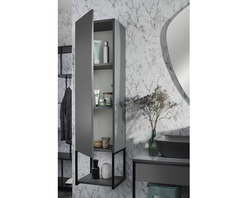 Salle de bains avec armoire haute, lavabo et décoration