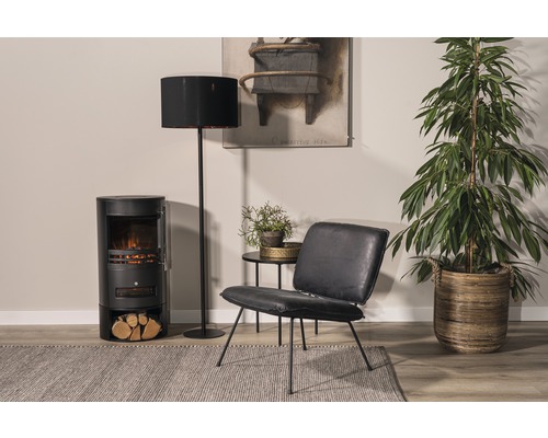 Wohnzimmer mit Elektrokamin, Stehlampe, Sessel, Beistelltisch, Zimmerpflanze und Teppich