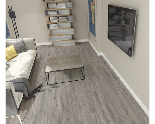 Salon avec canapé, table, bibliothèque et télévision au mur, équipé d''un sol stratifié gris.