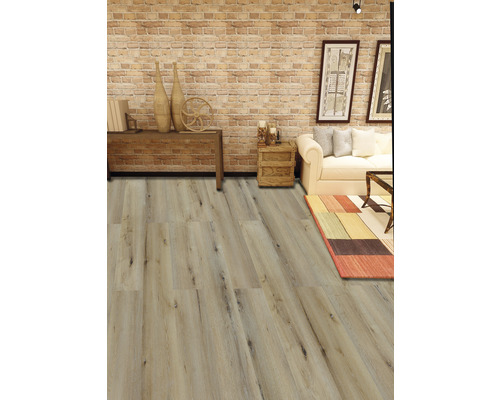 Salon avec plancher en bois, canapé et décorations sur la table.