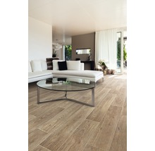 Séjour lumineux avec carrelage imitation bois, canapé et table en verre
