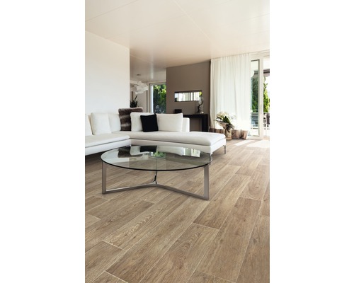 Séjour lumineux avec carrelage imitation bois, canapé et table en verre