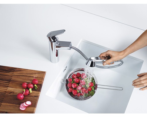 Évier de cuisine avec robinet et douchette pour nettoyer les légumes