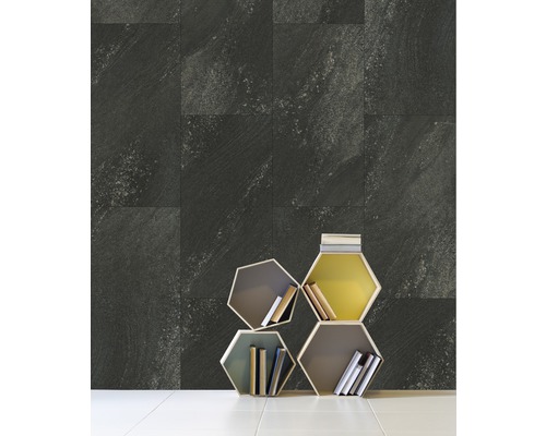Aménagement mural avec carreaux muraux rectangulaires et étagère