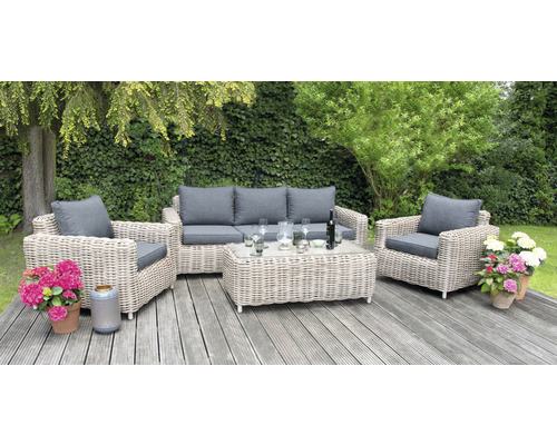 Loungeset Premium Tisch Sessel, aus: 5 -Sitzer Aluminium Luxur Sofa, und - HORNBACH bestehend Sitzkissen 2x Grau Polyrattan