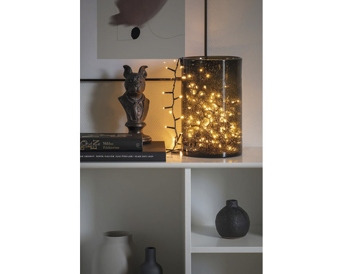 Étagère décorative avec vase en verre remplie d''une guirlande lumineuse, buste d''animal et vases