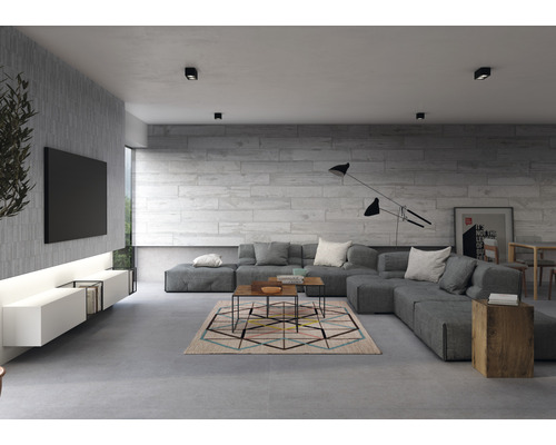 Modernes Wohnzimmer mit grauer Eckcouch, Teppich mit geometrischem Muster und grauen Wandfliesen.