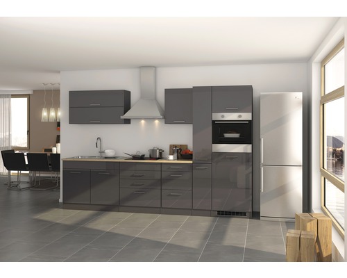 Bloc cuisine complète Held Möbel Mailand 320 cm façade gris à haute brillance, corps graphite variante réversible