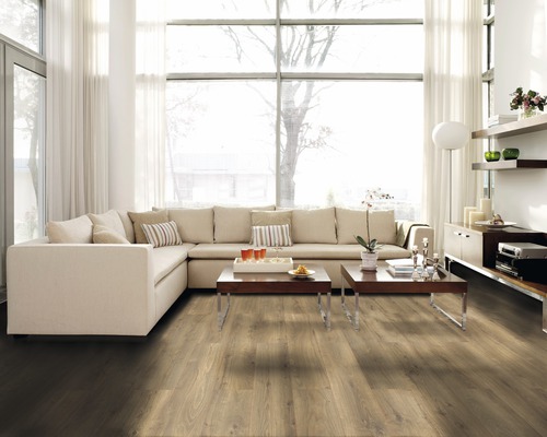 Heller Wohnraum mit Laminatboden, Ecksofa und grossen Fenstern