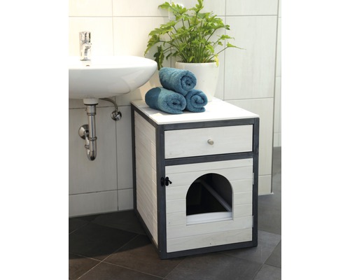 Meuble pour chat avec tiroir, porte et décoration dans une salle de bain