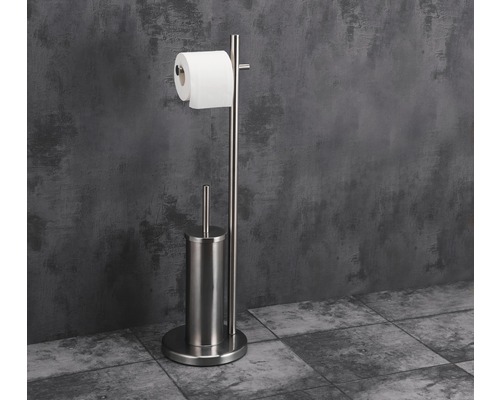 Freistehende WC-Garnitur aus Edelstahl mit Toilettenpapierhalter und Bürste