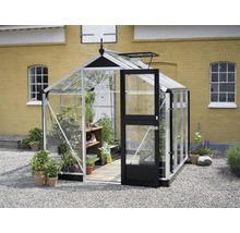 Serre avec porte ouverte, plantes et outils de jardin